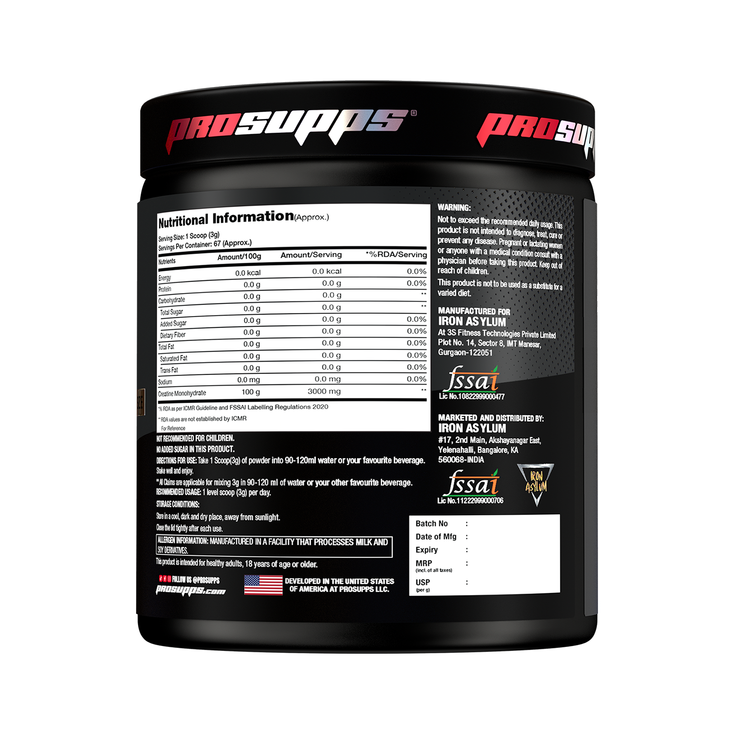 iron asylum official importer of prosupps creatine monohydrate informaion side of the product