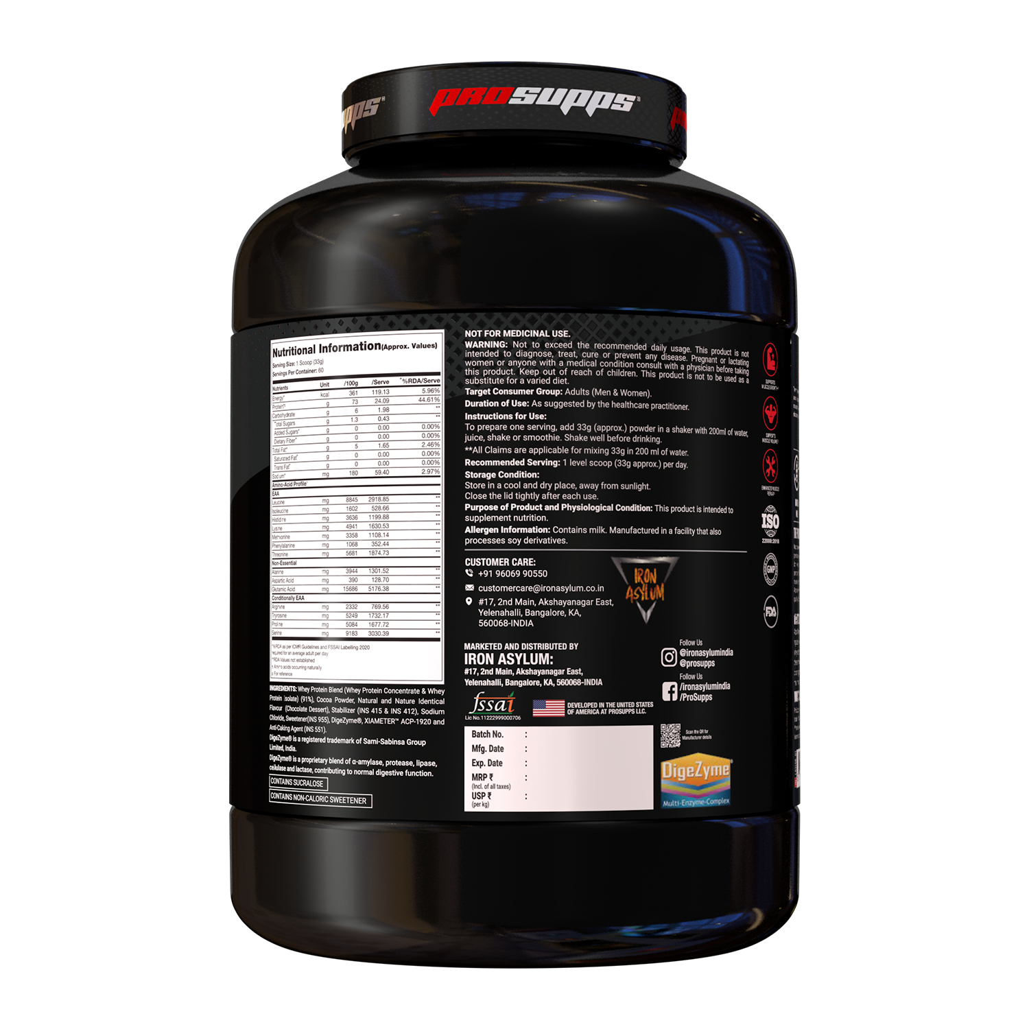 iron asylum official importer of prosupps alpha whey back side view of the product