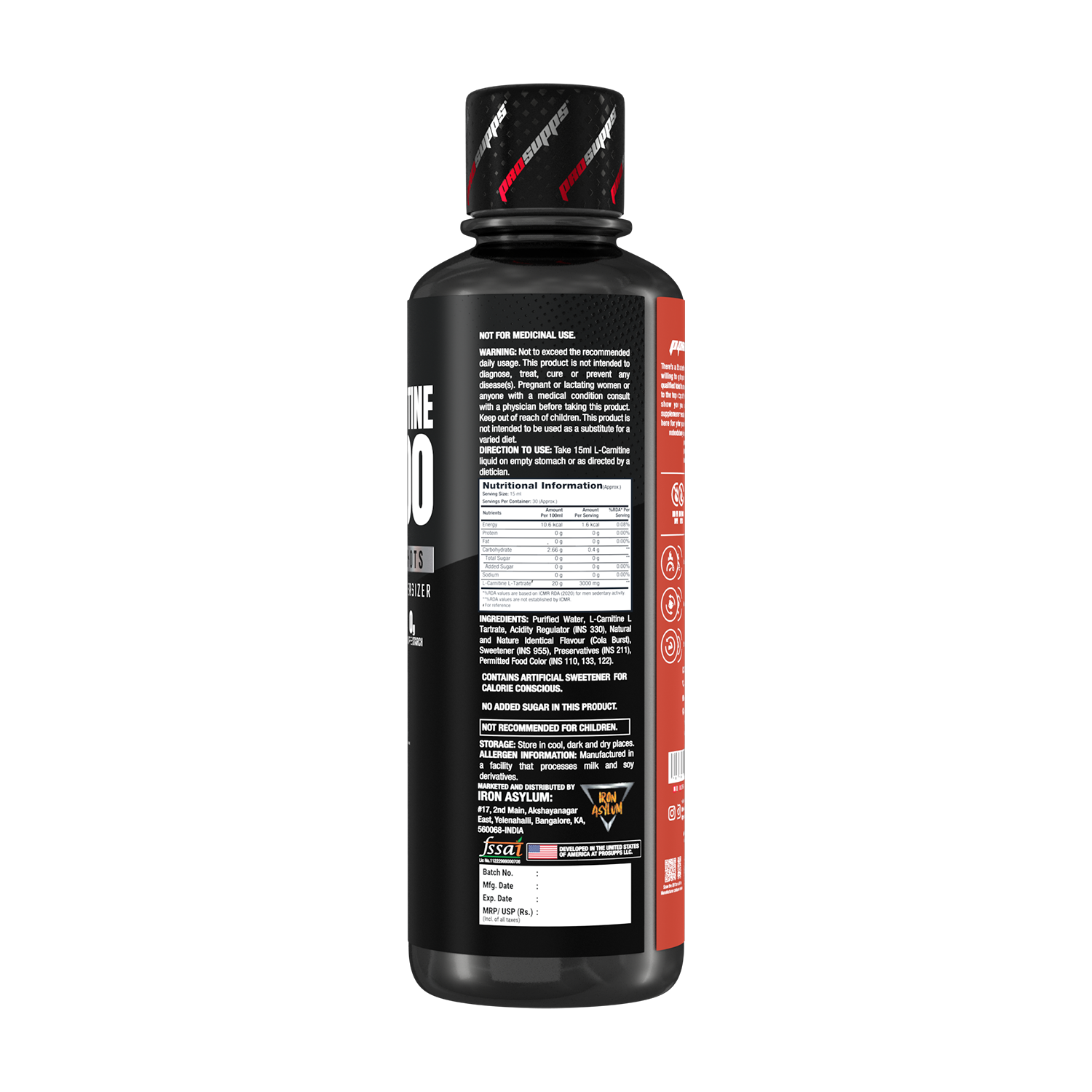 iron asylum official importer of prosupps l-carnitine 3000 back view of the product