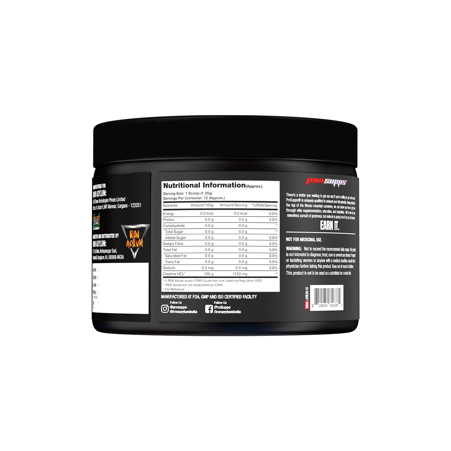 iron asylum official importer of prosupps creatine hcl back side view of the product